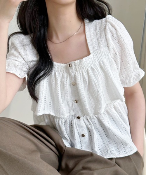 Ada.（エイダ）の「透かし編み スクエアネックパフスリーブ フレアカットソー（Tシャツ/カットソー・レディース・ブラック/ブルー/ホワイト・FREE）」の6枚目の写真