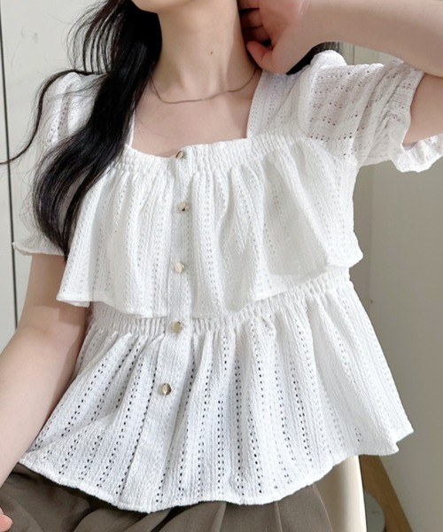 Ada.（エイダ）の「透かし編み スクエアネックパフスリーブ フレアカットソー（Tシャツ/カットソー・レディース・ブラック/ブルー/ホワイト・FREE）」の7枚目の写真