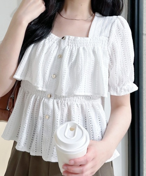 Ada.（エイダ）の「透かし編み スクエアネックパフスリーブ フレアカットソー（Tシャツ/カットソー・レディース・ブラック/ブルー/ホワイト・FREE）」の10枚目の写真