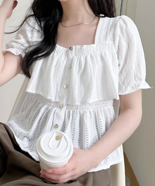 Ada.（エイダ）の「透かし編み スクエアネックパフスリーブ フレアカットソー（Tシャツ/カットソー・レディース・ブラック/ブルー/ホワイト・FREE）」の11枚目の写真