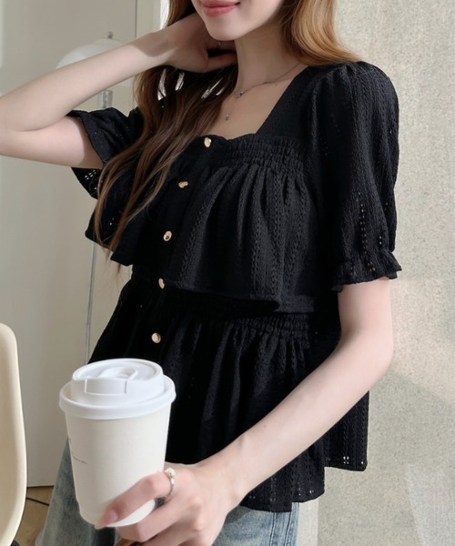 Ada.（エイダ）の「透かし編み スクエアネックパフスリーブ フレアカットソー（Tシャツ/カットソー・レディース・ブラック/ブルー/ホワイト・FREE）」の12枚目の写真