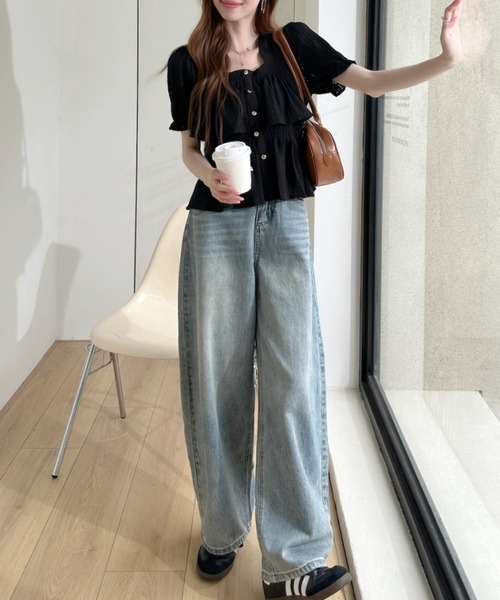 Ada.（エイダ）の「透かし編み スクエアネックパフスリーブ フレアカットソー（Tシャツ/カットソー・レディース・ブラック/ブルー/ホワイト・FREE）」の15枚目の写真