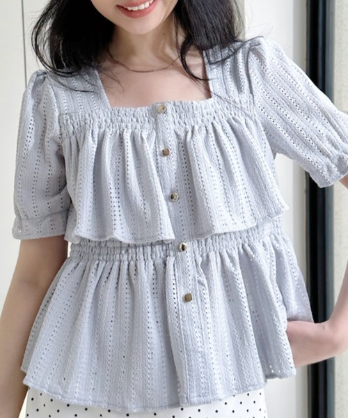 Ada.（エイダ）の「透かし編み スクエアネックパフスリーブ フレアカットソー（Tシャツ/カットソー・レディース・ブラック/ブルー/ホワイト・FREE）」の20枚目の写真
