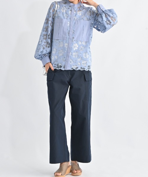 aunt lily（アントリリー）の「シャンブレーツイル ハンサムカーゴパンツ｜カーゴパンツ ワイドパンツ ストレートパンツ ワークパンツ 美脚シルエット 体型カバー（カーゴパンツ・レディース・ネイビー/チャコールグレー・S/LL/L/M）」の6枚目の写真