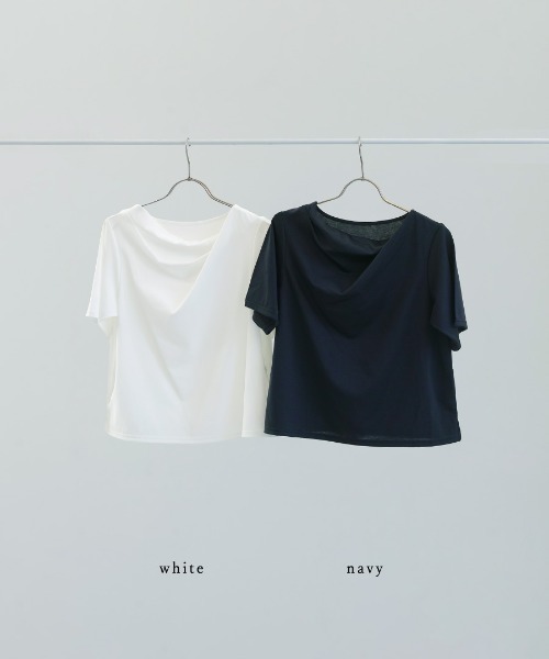 Emilyan（エミリアン）の「【 汗ジミ防止・撥水・速乾 】シルケットカットソー・アシメドレープTシャツ（Tシャツ/カットソー・レディース・ホワイト/ネイビー・L/M/S）」の12枚目の写真