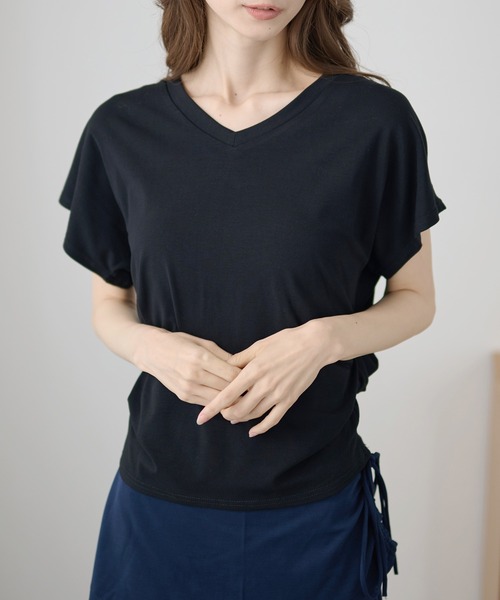 DAYRA(デイラ)の「Vネック サイド ギャザー 半袖 カットソー(Tシャツ/カットソー・レディース・ホワイト/ライトブルー/ブラック/ブラウン/グレー/ライトピンク・FREE)」の8枚目の写真