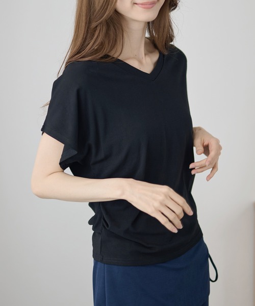 DAYRA(デイラ)の「Vネック サイド ギャザー 半袖 カットソー(Tシャツ/カットソー・レディース・ホワイト/ライトブルー/ブラック/ブラウン/グレー/ライトピンク・FREE)」の9枚目の写真