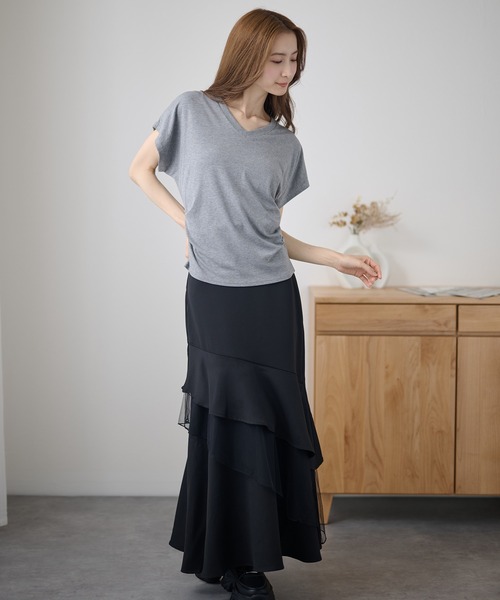 DAYRA(デイラ)の「Vネック サイド ギャザー 半袖 カットソー(Tシャツ/カットソー・レディース・ホワイト/ライトブルー/ブラック/ブラウン/グレー/ライトピンク・FREE)」の11枚目の写真