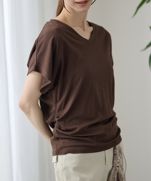 DAYRA(デイラ)の「Vネック サイド ギャザー 半袖 カットソー(Tシャツ/カットソー・レディース・ホワイト/ライトブルー/ブラック/ブラウン/グレー/ライトピンク・FREE)」の19枚目の写真