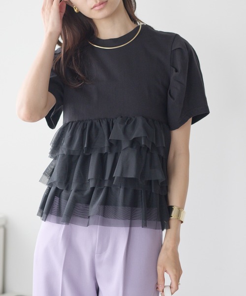 each(イーチ)の「ティアードチュールペプラム半袖Tシャツ(Tシャツ/カットソー・レディース・ホワイト/ブラック・FREE)」の19枚目の写真