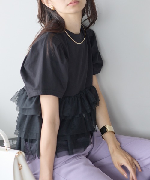 each(イーチ)の「ティアードチュールペプラム半袖Tシャツ(Tシャツ/カットソー・レディース・ホワイト/ブラック・FREE)」の16枚目の写真