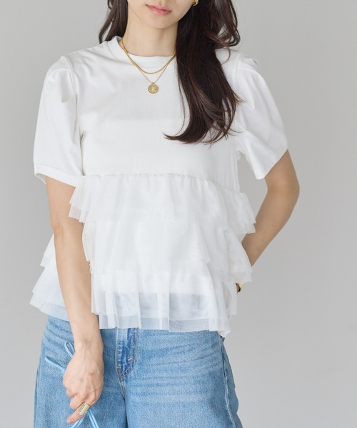 each(イーチ)の「ティアードチュールペプラム半袖Tシャツ(Tシャツ/カットソー・レディース・ホワイト/ブラック・FREE)」の3枚目の写真