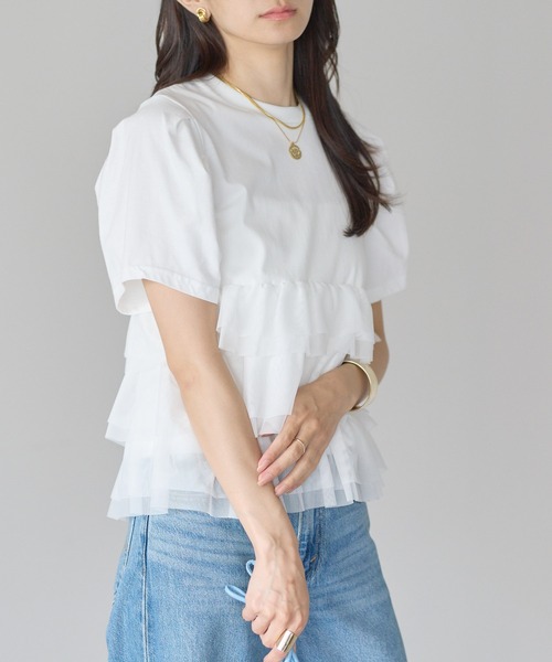 each(イーチ)の「ティアードチュールペプラム半袖Tシャツ(Tシャツ/カットソー・レディース・ホワイト/ブラック・FREE)」の4枚目の写真