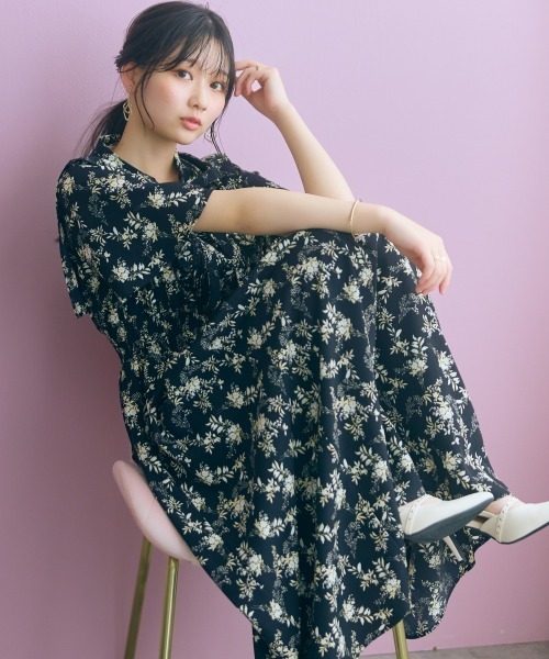 marun(マルン)の「【新色追加】<大きいサイズ>リボン付花柄フリルワンピース marun(ワンピース・レディース・ピンク系/ブラック/アイボリー・L/4L/3L/LL/5L)」の6枚目の写真