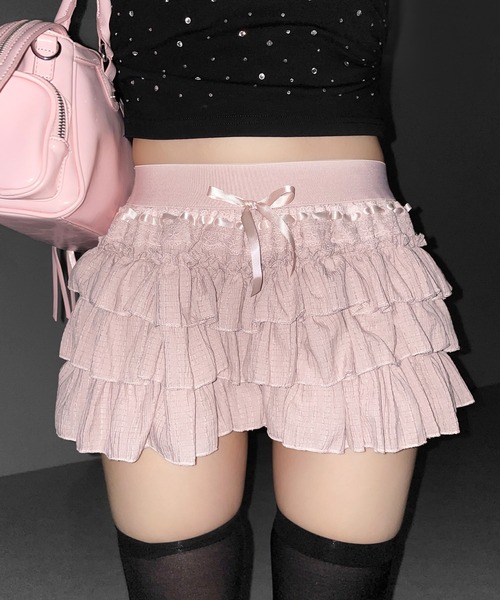 me+em select(ミームセレクト)の「【 2color / インパン裏地付 】リボンティアードフリルミニスカート / ribbon tiered frill mini skirt(スカート・レディース・ピンク/ブラック・FREE)」の11枚目の写真