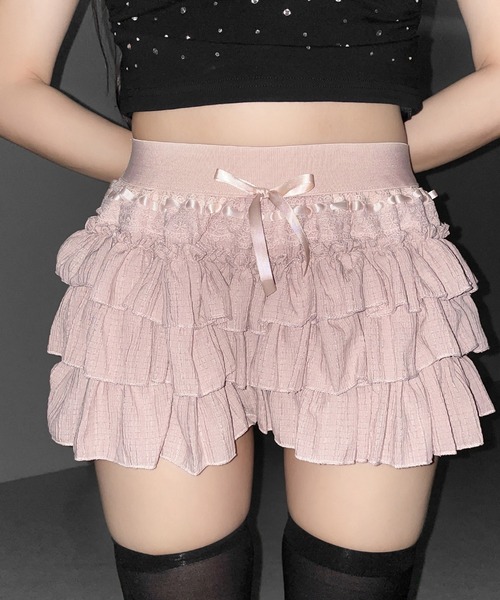 me+em select(ミームセレクト)の「【 2color / インパン裏地付 】リボンティアードフリルミニスカート / ribbon tiered frill mini skirt(スカート・レディース・ピンク/ブラック・FREE)」の15枚目の写真