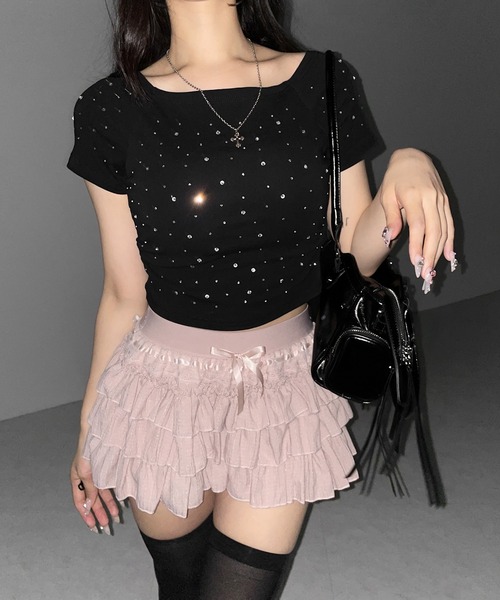 me+em select(ミームセレクト)の「【 2color / インパン裏地付 】リボンティアードフリルミニスカート / ribbon tiered frill mini skirt(スカート・レディース・ピンク/ブラック・FREE)」の17枚目の写真