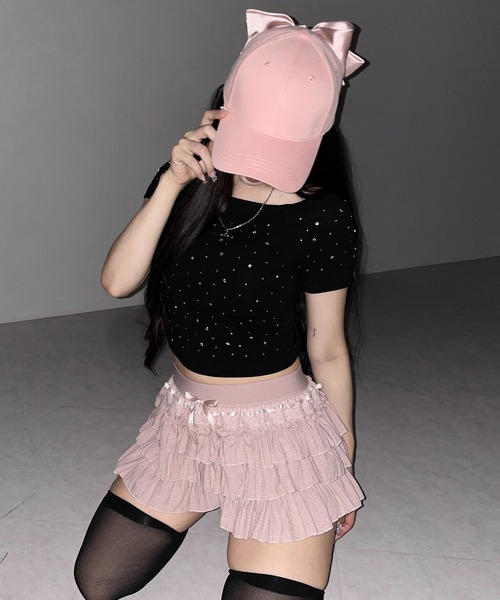 me+em select(ミームセレクト)の「【 2color / インパン裏地付 】リボンティアードフリルミニスカート / ribbon tiered frill mini skirt(スカート・レディース・ピンク/ブラック・FREE)」の20枚目の写真