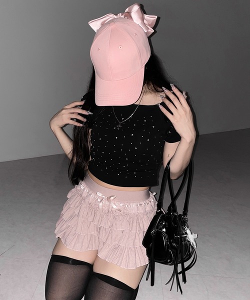 me+em select(ミームセレクト)の「【 2color / インパン裏地付 】リボンティアードフリルミニスカート / ribbon tiered frill mini skirt(スカート・レディース・ピンク/ブラック・FREE)」の21枚目の写真