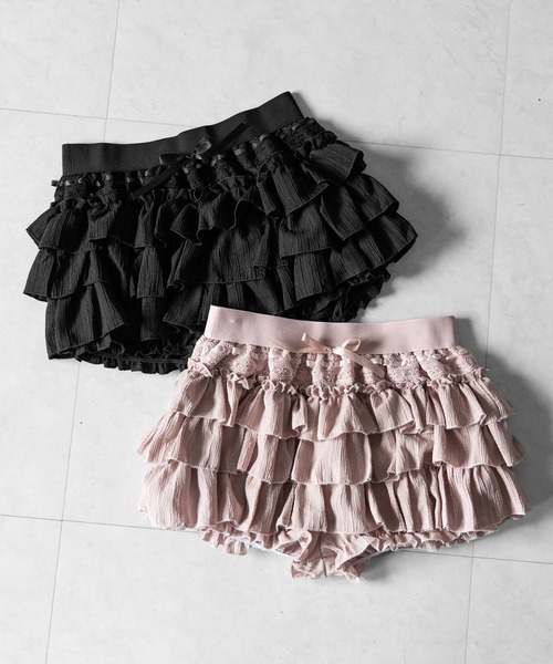 me+em select(ミームセレクト)の「【 2color / インパン裏地付 】リボンティアードフリルミニスカート / ribbon tiered frill mini skirt(スカート・レディース・ピンク/ブラック・FREE)」の4枚目の写真