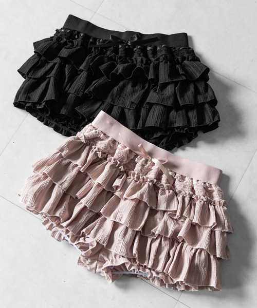 me+em select(ミームセレクト)の「【 2color / インパン裏地付 】リボンティアードフリルミニスカート / ribbon tiered frill mini skirt(スカート・レディース・ピンク/ブラック・FREE)」の3枚目の写真