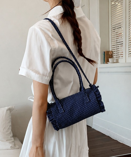HOOK(フック)の「HOOK for girls ドット × フリル × リボン 円筒型ミニボストンハンドバッグ(ボストンバッグ・レディース・ライトベージュ/ネイビー/ブルー・FREE)」の18枚目の写真