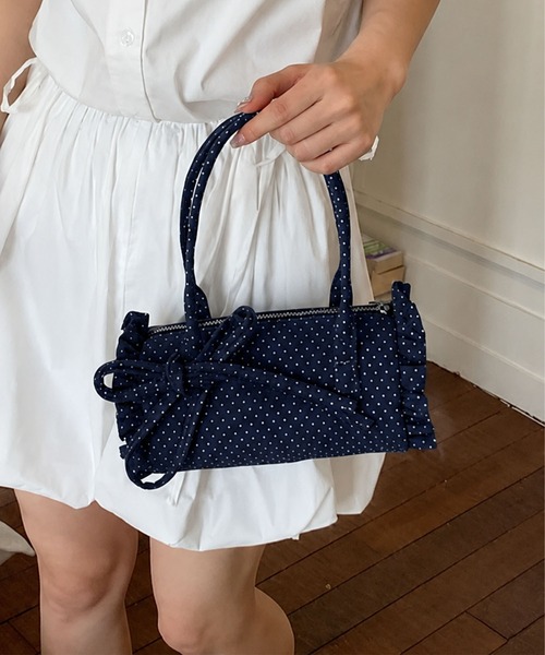 HOOK(フック)の「HOOK for girls ドット × フリル × リボン 円筒型ミニボストンハンドバッグ(ボストンバッグ・レディース・ライトベージュ/ネイビー/ブルー・FREE)」の19枚目の写真