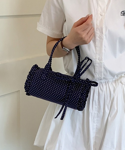 HOOK(フック)の「HOOK for girls ドット × フリル × リボン 円筒型ミニボストンハンドバッグ(ボストンバッグ・レディース・ライトベージュ/ネイビー/ブルー・FREE)」の20枚目の写真