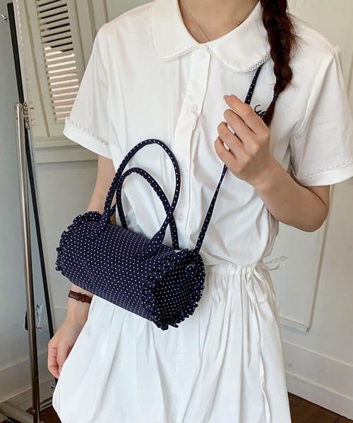 HOOK(フック)の「HOOK for girls ドット × フリル × リボン 円筒型ミニボストンハンドバッグ(ボストンバッグ・レディース・ライトベージュ/ネイビー/ブルー・FREE)」の21枚目の写真