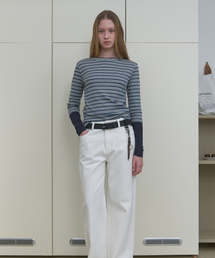 STRIPE 3/4 SLEEVE T-SHIRT_GREY/NAVY