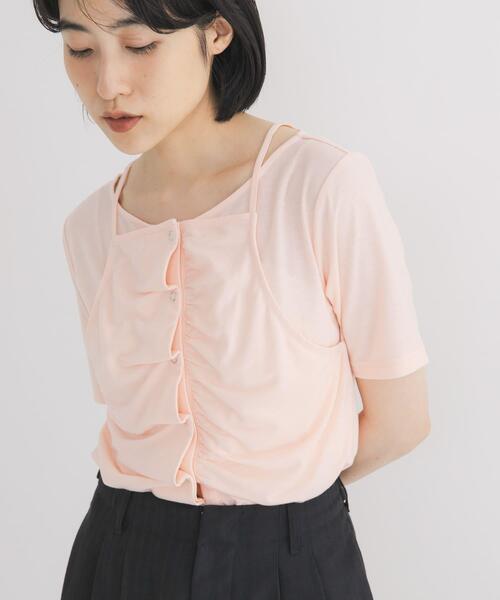 KBF（ケイビーエフ）の「アシメタックレイヤードTEE（Tシャツ/カットソー・レディース・オートミール/チャコールグレー/ピンク・ONE）」の3枚目の写真