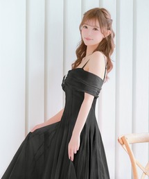 キャバドレス ロング フレア オフショル 肩出し チュール ビジュー イベント バースデー ドレス