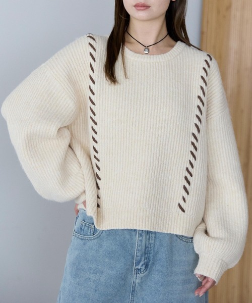 配色ステッチワイドニットプルオーバー