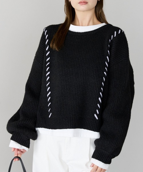 配色ステッチワイドニットプルオーバー
