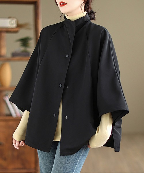 Doux Belle(ドゥーベル)の「変形カラーポンチョ風ライトジャケット(ポンチョ・レディース・カーキ/ブラック・X-LARGE/LARGE)」の1枚目の写真
