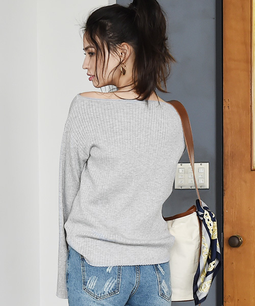 Luz Llena (philter)（ラズレナ　フィルター）の「リブ編みボートネックニットトップス（ニット/セーター・レディース・ネイビー/アイボリー/グレー・MEDIUM）」の7枚目の写真