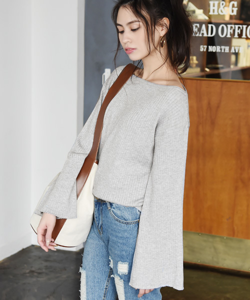 Luz Llena (philter)（ラズレナ　フィルター）の「リブ編みボートネックニットトップス（ニット/セーター・レディース・ネイビー/アイボリー/グレー・MEDIUM）」の14枚目の写真