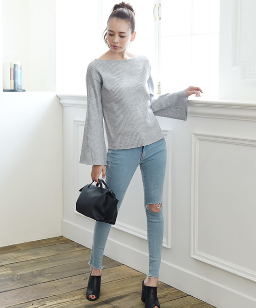 Luz Llena (philter)（ラズレナ　フィルター）の「リブ編みボートネックニットトップス（ニット/セーター・レディース・ネイビー/アイボリー/グレー・MEDIUM）」の13枚目の写真