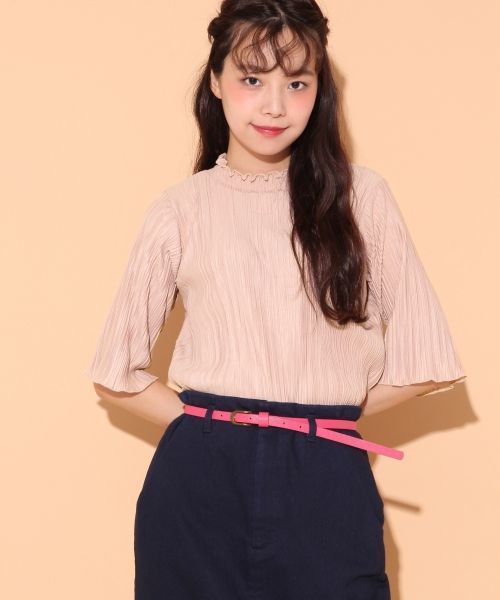 Heather(ヘザー)の「ハイネックランダムプリーツ5分袖(Tシャツ/カットソー・レディース・アイボリー/ブラック/ピンク系その他・FREE)」の1枚目の写真