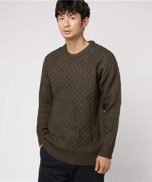 CUSTOM CULTURE(カスタムカルチャー)の「【CUSTOM CULTURE】 5GG バスケット編みクルーネックニット(ニット/セーター・メンズ・トップグレー/カーキ/ネイビー・3/2)」の1枚目の写真