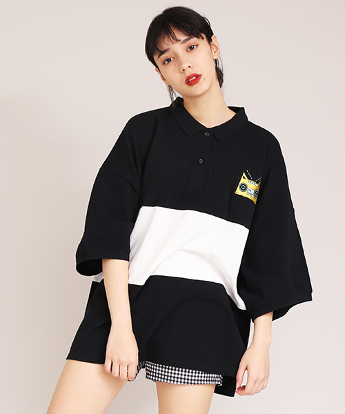 PUNYUS（プニュズ）の「ワンポイントビッグポロシャツ（ポロシャツ・レディース・ブラック/ピンク・4/3）」の2枚目の写真