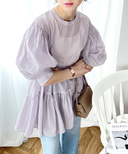 classicalelf（クラシカルエルフ）の「夏に大活躍！ふわり、風をまとう。3wayバルーンスリーブティアードシアーシャツ（シャツ/ブラウス・レディース・ブラック/オフホワイト/ブルー/グレイッシュベージュ/ライラック・MEDIUM/LARGE/X-LARGE/SMALL）」の13枚目の写真