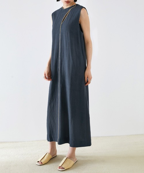 EMMA（EMMA CLOTHES）（エマ）の「【EMMA】リネン混パイピングノースリーブワンピース（ワンピース・レディース・ベージュ/ネイビー・FREE）」の4枚目の写真
