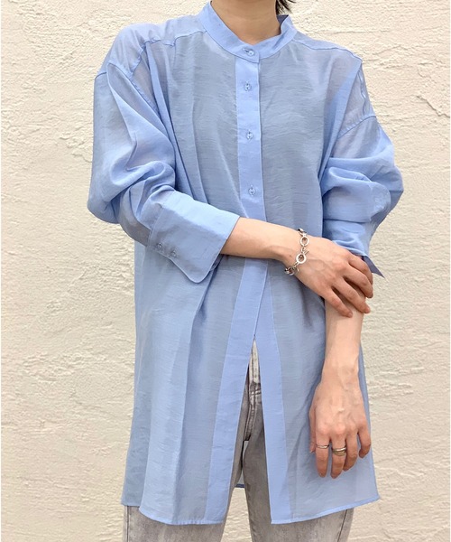 CIAOPANIC(チャオパニック)の「シアーバンドカラーシャツ(シャツ/ブラウス・レディース・グリーン/サックスブルー/イエロー・FREE)」の3枚目の写真