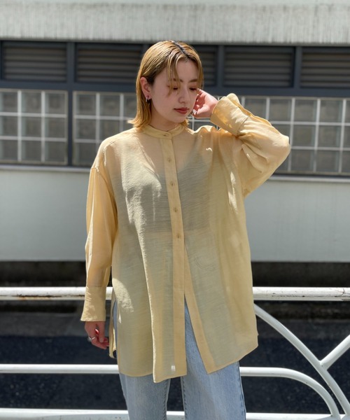 CIAOPANIC(チャオパニック)の「シアーバンドカラーシャツ(シャツ/ブラウス・レディース・グリーン/サックスブルー/イエロー・FREE)」の1枚目の写真