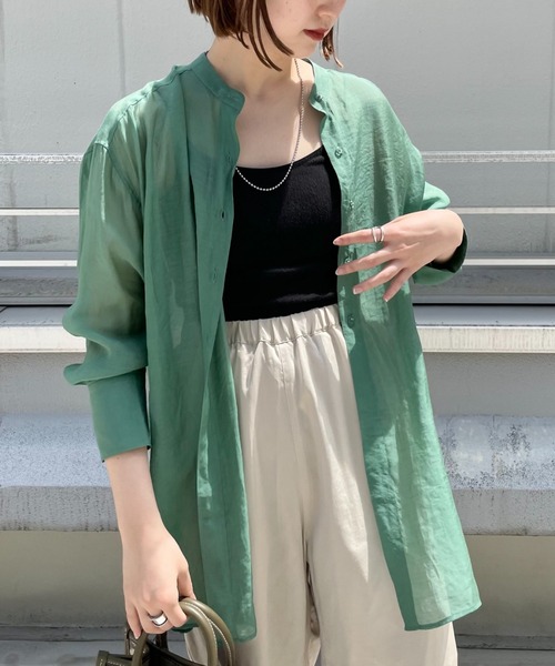 CIAOPANIC(チャオパニック)の「シアーバンドカラーシャツ(シャツ/ブラウス・レディース・グリーン/サックスブルー/イエロー・FREE)」の2枚目の写真