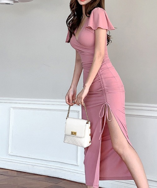 ワンピースgrandiflorum ジャスミングランディフローラム のファッション Vネック半袖スリットタイトワンピース ワンピース Jasmine