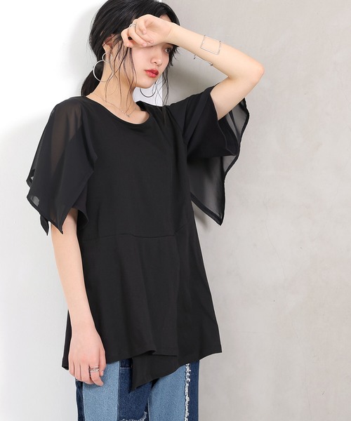 osharewalker（オシャレウォーカー）の「【廃盤】『異素材切替2wayアシメTシャツ』（Tシャツ/カットソー・レディース・ブラック/グレー・1/2）」の2枚目の写真