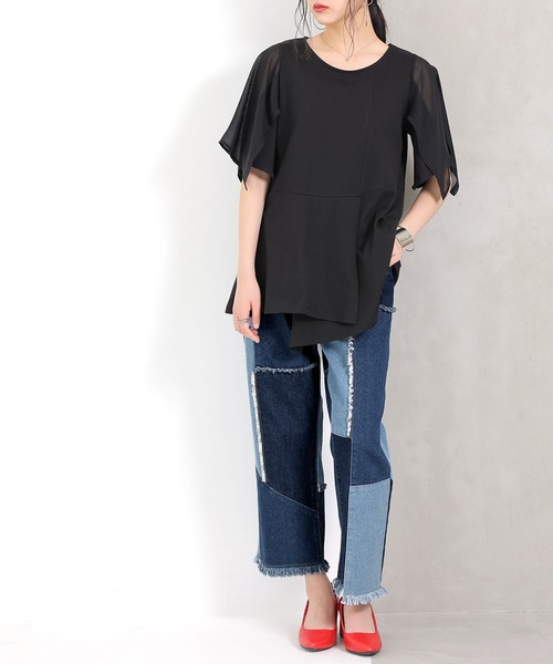 osharewalker（オシャレウォーカー）の「【廃盤】『異素材切替2wayアシメTシャツ』（Tシャツ/カットソー・レディース・ブラック/グレー・1/2）」の13枚目の写真