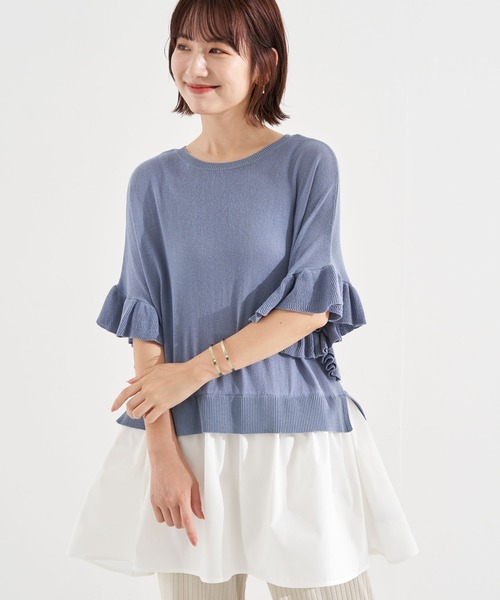 earth music&ecology（アースミュージックアンドエコロジー）の「ドッキングフリルニットチュニック　＊（ニット/セーター・レディース・ブルー/ベージュ/ブラック・FREE）」の3枚目の写真